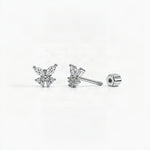 Silver butterfly stud earrings with marquise and round-cut clear gemstones, shown from multiple angles including a separate butterfly back, on a white background.